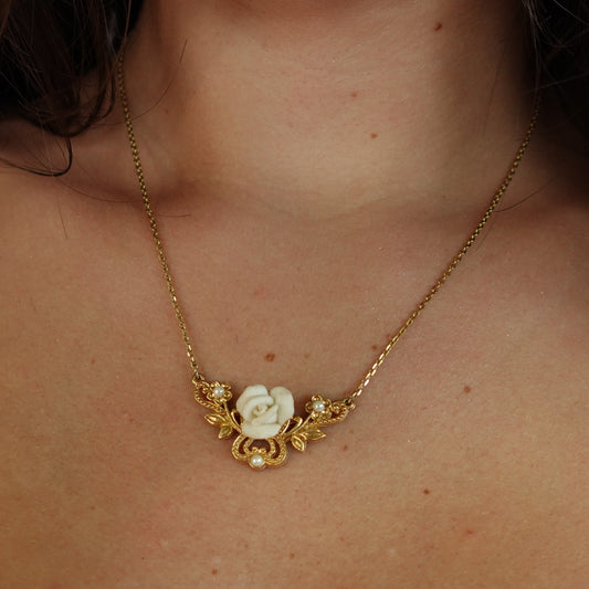 Gold Tone Sculpted Rose Necklace